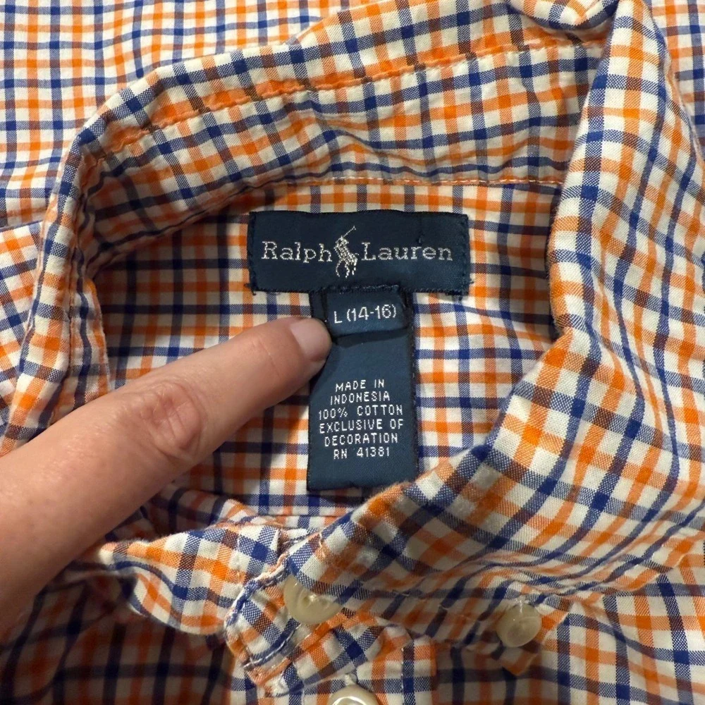 Kids Ralph Lauren Orange‎ Blue Plaid Long Sleeve Button Down Shirt Size L 14-16